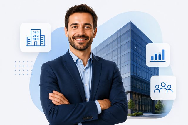 Executivo de terno com prédio empresarial ao fundo, cliente Pessoa Jurídica Bridge Finance.